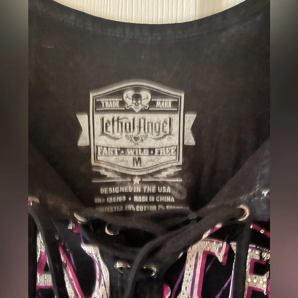 Y2K Biker Skull Lace-Up Tank Top Rhinestone Roses Edgy Grunge Black Medium - Picture 2 of 3